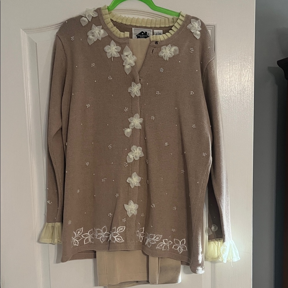 Storybook Knits Beige Cardigan with Floral Accents